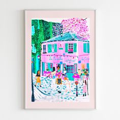 a painting of people walking in front of a pink building