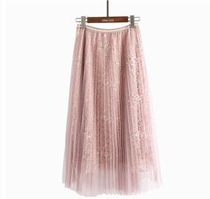 Women Beading Elastic Waist Mesh Pleated Skirt - Pink Lace Skirt For Spring, Stretch Lace Skirt For Summer, Spring Stretch Lace Skirt, Spring Lace Skirt With Stretch, Summer Lace Tulle Skirt, Spring Lace Bottoms With Tulle Skirt, Pink Pleated Skirt, Design Clothes, Women Skirts Midi