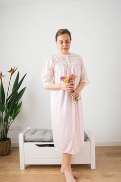 "💐 Lovely quality on this never worn 70s Vintage pastel pink nightgown with white lace, plenty of details: pleated on the bust, one embroidered ribbon across the chest with little pink and blue details, and embroidered small flowers into a bow on the sides of the yoke. It's semisheer and silky. The composition is not specified but it's nylon or polyester. This beautiful nightdress is in mint condition. It will fit for different sizes but please check MEASUREMENTS and REFERENCE below. 6-8-10US, Pink Nightgown, Womens Nightgowns, Embroidered Ribbon, Gown For Women, 17 Feb, Lace Nightgown, Vintage Nightgown, Romantic Night, Women's Nightgowns