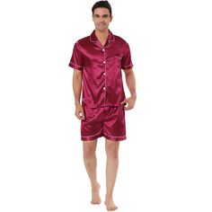 It is made of 95percent polyester and 5percent spandex and can be washed using machines too. Great choice on slumber parties, pajama nights or daily wear at home. Sleep with this comfort satin pajama shorts set. It has matching shorts featuring an elasticized waistband. Machine wash cold inside out. Model Body Size: Height: 6'1", Chest: 38 2/8 inches, Waist: 30 6/8 inches, Hip: 42 1/8 inches, Weight: 175 lbs, model is wearing a size Large. Please check your measurements to make sure the item fit