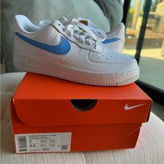 Nike Air Force 1 '07 Nn Brand New In Box "White/University Blue/White/Volt" Women's Shoe Shoes Nike Women, Nike Air Force 1 07, University Blue, Nike Air Force 1, White Nikes, Air Force 1, Nike Air Force, Air Force, Nike Shoes