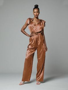 Terracotta Chic Satin V-neck Jumpsuits And Rompers, Chic Satin Jumpsuits And Rompers With V-neck, Chic Formal Satin Jumpsuits And Rompers, Elegant Satin Pantsuit For Evening, Elegant Satin Jumpsuit Or Romper In Solid Color, Formal Satin V-neck Jumpsuit, Elegant V-neck Evening Pantsuit, Elegant Satin Jumpsuits And Rompers For Workwear, Fitted Satin Jumpsuits And Rompers For Work