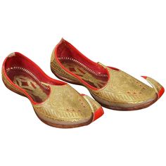 Amazing vintage Moorish Middle Eastern gold and red leather embroidered shoes. Ceremonial Royal leather wedding slippers, embroidered with gold thread. Aladdin, Ali Baba Arabic genie Ottoman style Classic curled toe amazing to use as decorative objects or to use them for your next Moroccan or Indian party. Handmade leather flat slip on shoes with pointy toes. Measures: 12" x 4". Hand stitched and hand tooled leather shoes with hand embroidered with gilt metallic threads. Amazing Mughal style gol Traditional Wear With Gold Embroidery For Festivals, Formal Wedding Shoes With Zari Work And Closed Toe, Traditional Wedding Shoes For Festivals, Gold Wedding Shoes For Reception, Festive Gold Embroidered Closed Toe Wedding Shoes, Gold Wedding Shoes For Festive Reception, Gold Wedding Shoes For Reception And Festive Season, Gold Wedding Shoes For Reception And Festive Occasions, Formal Traditional Wear With Gota Work For Festivals