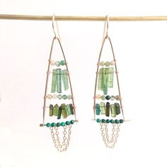 Green Fusion Style Drop Chandelier Earrings, Fusion Style Green Chandelier Drop Earrings, Green Bohemian 14k Gold Filled Earrings, Bohemian Green Moss Agate Jewelry, Green Moss Agate Bohemian Jewelry, Green Bohemian Moss Agate Jewelry, Handmade Gold Tourmaline Earrings, Elegant Green Tourmaline Earrings, Green Tourmaline Earrings For Gift