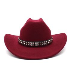 Add a touch of vintage elegance to your look with this unisex cowboy hat. Crafted with a blend of cotton and polyester, it offers both comfort and durability. The solid pattern adds a sophisticated flair, making it suitable for various occasions. Whether you're a fashion enthusiast or simply looking to elevate your style, this hat is a timeless choice. Don't miss out on this fashionable accessory. Red Western Hat For Fall, Western Red Felt Hat For Winter, Western Style Red Felt Hat For Winter, Western Red Hat Bands For Winter, Red Western Hat Bands For Winter, Western Style Red Hat Bands For Winter, Western Felt Hat With Flat Bill For Winter, Western Style Felt Hat With Flat Bill For Winter, Western Flat Bill Felt Hat For Winter