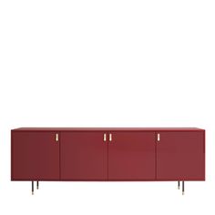 a red sideboard with brass handles and two doors on each side, against a white background