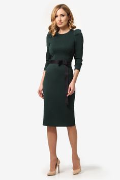 Dress with a fitted silhouette below the knee, featuring 3/4 puff sleeves. Includes a belt. Made from soft knit fabric that gently hugs the waist and creates an elegant feminine silhouette. Emphasizes the waist, creating a refined and elegant look. Suitable for both everyday wear and formal occasions. 60% viscose, 30% polyester, 10% elastane. Chic Fitted Belted Dress With Belted Cuffs, Fitted Belted Knee-length Dress For Fall, Fitted Knee-length Belted Dress For Fall, Elegant Half Sleeve Midi Dress For Fall, Fitted Midi Dress With Belt For Fall, Elegant Fall Half Sleeve Midi Dress, Fitted Fall Midi Dress With Belt, Fitted Belted Dress With Belted Cuffs For Evening, Fitted Evening Dress With Belted Cuffs