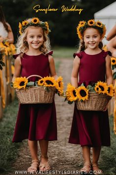 Sunflower wedding theme aesthetic inspo cute flower girls burgundy and yellow sunflower wedding combination ideas, fall sunflower wedding, sunflower wedding theme rustic #sunflowerwedding #flowergirls #sunflowerweddingideas Wedding Theme Aesthetic, Sunflower Wedding Theme Rustic, Wedding Theme Rustic, Love In Full Bloom