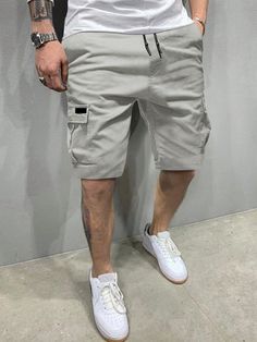 Men Loose Fit Flap Pocket Drawstring Waist Cargo Shorts Light Grey Casual   Fabric Plain Straight Leg Non-Stretch Summer Men Clothing, size features are:Bust: ,Length: ,Sleeve Length: Shorts Cargo, Mens Bottom, Men Clothing, Flap Pocket, Mens Summer, Cargo Shorts, Drawstring Waist, Mens Shorts, Sweat Shirt