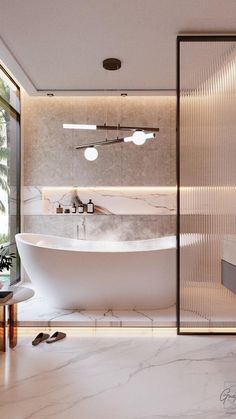 a large white bath tub sitting inside of a bathroom