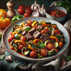 a plate filled with meat and vegetables on top of a table next to other foods