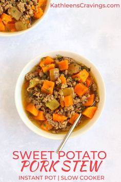 two bowls of sweet potato pork stew on a white background with the title above it