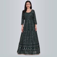 Introducing our Sequin And Resham work Anarkali Gown Dress in green! This gorgeous gown is perfect for making a statement at any special occasion. The sequin work adds a touch of sparkle, while the beautiful floral embroidery provides a feminine touch. The flowing silhouette is flattering and comfortable, sure to make you feel like a princess on your special day. Don't miss out on this show-stopping dress - order now! #chirosbyjigyasa #indianclothingusa Anarkali Designer Dress With Sequins, Designer Sequin Anarkali Dresses, Sequin Anarkali Designer Dress, Eid Georgette Sequin Gown, Festive Embellished Maxi Dress For Designer Wear, Sequin Anarkali Dress For Reception, Eid Maxi Gown With Sequins, Bollywood Gown With Sequins For Eid, Sequined Floor-length Gown For Eid