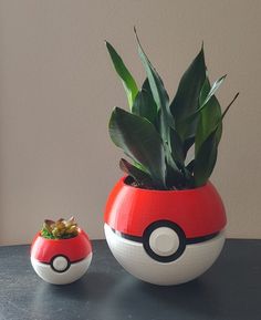 a potted plant sitting on top of a table next to a pokemon ball vase