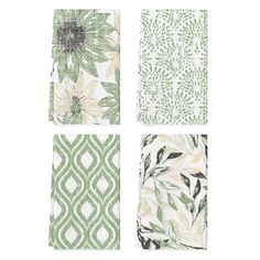 four green and white napkins with flower designs on the front, two in the back and one in the middle