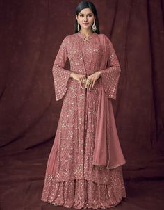 Rose Pink Lehenga style Salwar Suit Semi-Stitched Suits Salwar Kameez in Embroidery Rose Pink Lehenga, Lehenga Online Shopping, Long Choli Lehenga, Peach Jacket, Georgette Anarkali Suits, Embroidered Sharara, Salmon Peach, Marriage Dress, Georgette Tops