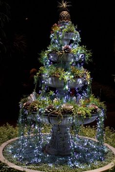 a lit up christmas tree with potted plants and lights in the dark, surrounded by greenery