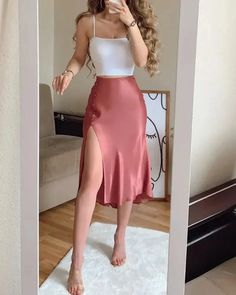 Lasaky - Satin Spaghetti Strap Crop Top And Button High Slit Midi Skirt Set Crop Top Satin, Ținute Business Casual, Glamouröse Outfits, Elegantes Outfit Frau, Pakaian Feminin, Chique Outfits, Populaire Outfits, Fesyen Hijab, Ținută Casual