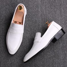 White Round Toe Dress Shoes For Office, White Pointed Toe Dress Shoes For Office, White Leather Slip-ons For Office, White Flat Heel Dress Shoes For Business, White Plain Toe Office Dress Shoes, White Closed Toe Slip-ons For Office, White Flat Heel Leather Shoes For Business, White Leather Shoes With Flat Heel For Business, White Almond Toe Slip-ons For Business