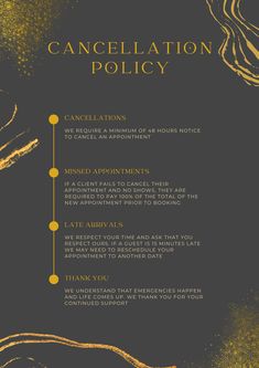 Salon and Spa Cancellation Policy.  Post online and at your shop so your clients are aware at their booking. Not editable Spa Business Plan, Hair Salon Quotes, Salon Business Plan, Massage Therapy Business, Hair Salon Business, Esthetics Room, Esthetician Marketing, Business Nails, Salon Quotes