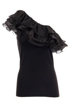 This Ruffle One-Shoulder Top is the perfect piece for a glam night-out. Made of a stretchy viscose blend knit, this chic blouse sculpts a flattering fitted silhouette. The asymmetrical neckline showcases a single bare shoulder for some sultriness, while the addition of satin chiffon ruffles imparts a touch of sophistication to your ensemble. This top is your key to turning heads with confidence and style. Viscose blend fabric Single shoulder Ruffled neckline Dry clean or hand wash cold 72% Visco Evening One Shoulder Top With Asymmetrical Neckline In Elastane, Black One Shoulder Top With Asymmetrical Neckline, Black One-shoulder Top With Asymmetrical Neckline, Elegant One Shoulder Top For Night Out, Black One-shoulder Elastane Tops, One Shoulder Top With Asymmetrical Neckline For Night Out, Asymmetrical Neckline One Shoulder Top For Night Out, Black Off-shoulder One Shoulder Top, Stretch Knit Top For Evening