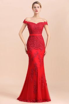 Glamorous Long Mermaid Off-the-Shoulder Appliques Lace Bridesmaid Dres – BIZTUNNEL Off-shoulder Mermaid Dress With Sweep Train For Prom, Off-shoulder Fitted Mermaid Wedding Dress, Fitted Off-shoulder Mermaid Wedding Dress, Red Fitted Off Shoulder Wedding Dress, Red Fitted Off Shoulder Dress For Wedding, Off-shoulder Bridesmaid Evening Dress With Sweep Train, Fitted Off-shoulder Bridesmaid Dress, Red Off-shoulder Evening Dress For Weddings, Red Off-shoulder Dress With Sweep Train