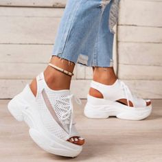 Brand New And Never Worn Casual Lace-up Platform Heels, Casual Lace-up Synthetic Heels, Casual White Flat Heels, Casual White Flat Heel Heels, White Casual Flat Heel Heels, Casual White Lace-up Heels, White Lace-up Casual Heels, Casual White Platform Heels, Casual Wedge Heel Sneakers For Summer