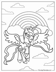 a coloring page for my little pony with rainbows in the sky and clouds behind it