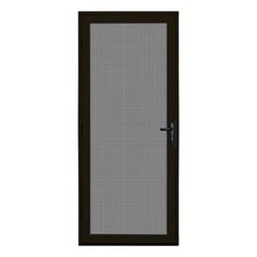 an open door with a mesh screen on the front and side panels in dark brown