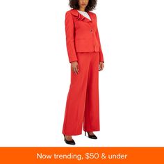 in stock Chic Spring Career Sets, Spring Workwear Sets With Ruffles, Elegant Fall Ruffled Sets, Elegant Fall Sets With Ruffles, Elegant Ruffled Sets For Fall, Fall Career Pantsuit, Spring Pantsuit With Notch Lapel And Buttons, Fitted Ruffled Workwear Pants, Fitted Ruffled Pants For Workwear