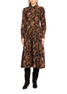 "Find ULLA JOHNSON Celia Floral Belted Long-sleeve Midi Dress on Editorialist. Ulla Johnson \"Celia\" midi dress featuring a belted waist in a floral-printed wool-blend Approx. 50.8\"L from shoulder to hem Rounded collar; button-front Long puff sleeves with button cuffs; approx. 25.3\"L A-line silhouette Hem falls below the knee Wool/viscose Dry clean Imported" Designer Long Sleeve Fall Dresses, Designer Long Sleeve Dresses For Fall, Designer Fitted Fall Dresses, Bohemian Fall Dresses For Workwear, Designer Fitted Dress For Fall, Bohemian Style Fall Dresses For Workwear, Designer Fall Workwear Dresses, Designer Workwear Dresses For Fall, Silk Knee-length Fall Dress