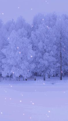 a snowy landscape with trees and benches in the foreground, surrounded by snow flakes