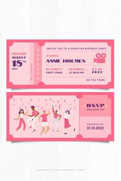 two pink tickets with people dancing on them