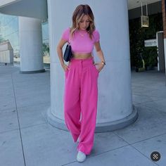 Waist M 28 In Large 30 In Casual Fitted Pink Wide Leg Pants, Fitted Pink Wide Leg Pants By Zara, Fitted Pink Wide Leg Pants From Zara, Zara Fitted Wide Leg Pants For Day Out, Zara High Waisted Pants, Hot Pink Pants, Fav Color, Pink Fits, Outfits Verano