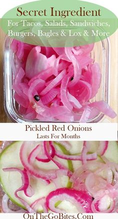 the ingredients for pickled - red onions are shown in two separate images, one is sliced