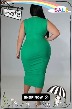 Solid Sleeveless O Neck Basic Plus Size Tank Dresses Green Sleeveless Bodycon Midi Dress, Sleeveless Green Bodycon Midi Dress, Green Sleeveless Bodycon Dress, Tank Dresses, Curvy Women Outfits, Women Outfits, Curvy Girl Fashion, 1 Million, Tank Dress