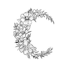 the letter c with flowers on it is drawn in black and white, as well as an