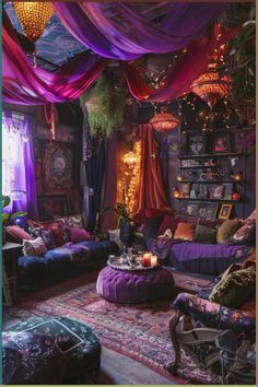 a living room filled with lots of purple furniture and curtains on the ceiling above it