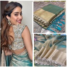 Elevate your ethnic wardrobe with this stunning Blue Janhvi Kapoor Tissue Silk Saree! 💙 The Rich Zari Weaving Border Work and Designer detailing on this saree are truly exquisite. Perfect for any occasion, this saree is a must-have for every fashionable woman out there. 😍 #JanhviKapoorSaree #TissueSilkSaree #ZariWork #IndianFashion #Unbranded #WomenEthnicWear #DesignerSarees 🌟 Designers Saree Latest, Trendy Saree Colors, Sari Blouses For Women, Modern Silk Saree Blouse Designs, Tissue Sarees Blouses Design, Bollywood Saree Party Wear