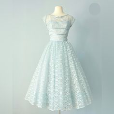 Beautiful With A Petticoat, This Round Skirted 1950s Party Dress Is A Showstopper! There Is A Minor Tear In The Lace, Pictured, But From Even 2 Feet Away It’s Not Visible (Also Pictured) Waist Is 13” Including An Original Thumbnail From When I Purchased It, A Much More Beautiful Photo Of This Gorgeous Gown. 1950s Ball Gown, Vintage Prom Dresses 1950s, 1950s Party Dresses, 1950s Party, Dresses 1950s, Lace Vintage, Prom Dresses Vintage, Gorgeous Gowns, Blue Lace