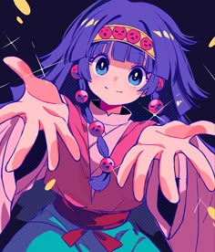 an anime character with purple hair and blue eyes holding her hands out to the side