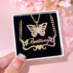 Material: Copper. Color: Gold. Necklcae Chain Length: 14",16",18",20",22". Process: Gold plated. Recipient: Woman, Mom, Wife, Girl Friend, Children, Family. Product Type: Personalized Jewelry. Gift Type: Set. Occasions: Valentine's Day, Mother's Day, Christmas, Birthday, etc. Jewelry Type: Name Necklace, Butterfly Necklace. Brand: Silviax Jewelry. Item: 2024S0020. Multicolor Chain Charm Necklace For Gifts, Gold Metal Butterfly Necklace For Party, Personalized Multicolor Charm Necklaces, Personalized Multicolor Pendant Jewelry, Gold Metal Jewelry For Birthday Gift, Customized Metal Necklaces For Mother's Day, Multicolor Personalized Pendant Charm Necklaces, Personalized Multicolor Pendant Charm Necklaces, Metal Necklaces For Mother's Day Party