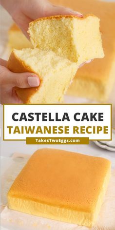 a person holding a piece of cake in front of the camera and text overlay reads casteella cake taiwanese recipe