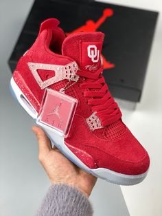 Air Jordan 4 Oklahoma Sooners PE Red SuedeWalk the talk and make a statement with our top-quality Sneakers. Shop now and step up your shoe game!Please carefully choosing the size number according the size chart as we CAN NOT offer return or refund if you choose a wrong size.The product need 3-5 business days to check the quality before shipping.Our High Quality Shoes models are various, please contact to our support to ask for the model you need.Because each device displays a different color. Therefore, the actual color of the item may not be 100% the same as the one shown on the screen of your device. Jordan Model, Athletic Looks, Air Jordan Sneakers, Oklahoma Sooners, Air Jordan 4 Retro, Air Jordan 4, Sneaker Games, High Quality Shoes, Red Suede