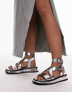 Topshop Wide Fit Jasmine chunky sandals in black | ASOS Silver Slingback Sandals With Ankle Strap For Summer, Silver Ankle Strap Slingback Sandals For Summer, Trendy Silver Sandals With Heel Strap, Chic Sandals With Chunky Platform And Flat Heel, Chic Flat Heel Chunky Platform Sandals, Summer Silver Slingback Sandals With Buckle Closure, Trendy Ankle Strap Platform Footbed Sandals, Silver Platform Sandals For Spring, Spring Ankle Strap Platform Footbed Sandals