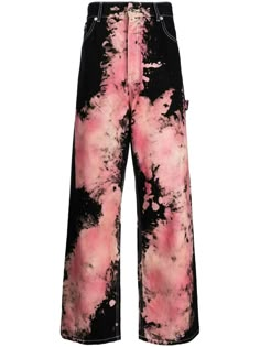 black/rose pink cotton denim bleached effect tie-dye print high-waisted belt loops front button fastening wide leg classic five pockets Spring Tie-dye Wide Leg Jeans, Spring Tie Dye Wide Leg Jeans, Spring Wide Leg Tie Dye Jeans, Pink And Black Pants, Custom Painted Clothes, Flocked Jeans, Tye Dye Jeans, Custom Jeans Diy, Dyed Jeans