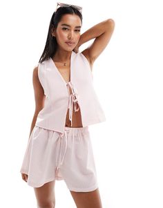 Top by ASOS DESIGN Part of a set Shorts sold separately Stripe design V-neck Tie fastenings Regular fit Tie Front Vest, Petite Shirts, Winter Party Dress, Leggings Sale, Satin Slip Dress, Co Ord Set, Maxi Dress Trend, Petite Maternity, Hoodies For Sale