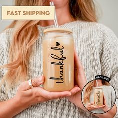 a woman holding a drink in her hands with the caption fast shipping on it