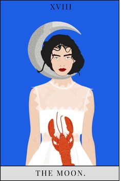 a woman in a white dress with a red lobster on her chest and the moon above her head