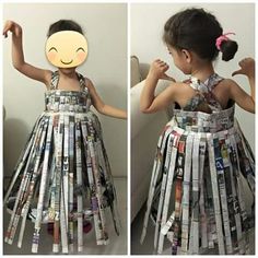 Trashion Show Recycled Fashion Men, Newspaper Dress For Kids, Recycled Dress For Kids, Recycled Fashion For Kids, Recycled Clothes Diy, Recycled Fashion Diy, Fancy Dress Costumes Kids, Recycled Costumes, Newspaper Fashion